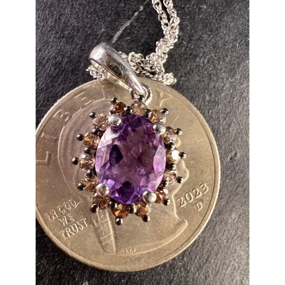 NEW amethyst and brown zircon halo pendant in sterling silver with vintage chain